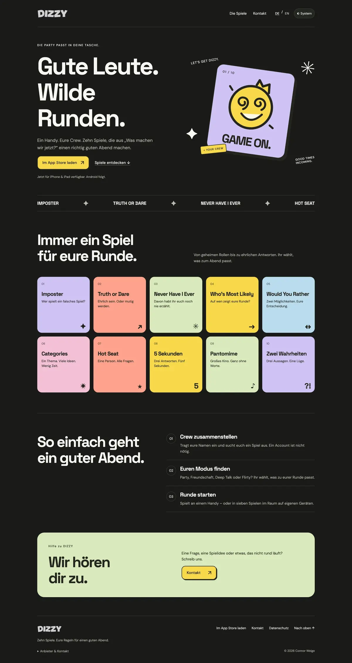 Screenshot der Website: DIZZY – Mobile-App & Partyspiele